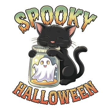 Cute Black Kitten & Ghost in Jar T-Shirt Design – Fun Halloween Theme
