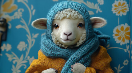 Canvas Print - Cute lamb wearing a blue knitted hat and scarf