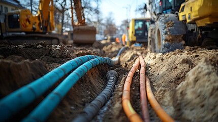 Aufkleber - Various electrical cables dug out from the ground on the street laying underground  for technical work at the construction site : Generative AI