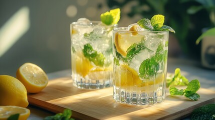 Poster - Two glasses of mojito cocktail or tonic with lemon lime mint and ice on a wooden board Summer concept of refreshing drink with citrus fruits on a light  background with shadow Copy spa : Generative AI