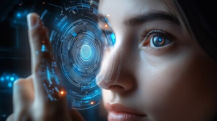 Poster - Biometrics security system Woman using fingerprint identification to access personal financial data on mobile phone mobile banking app biometrics cyber security innovation technology : Generative AI
