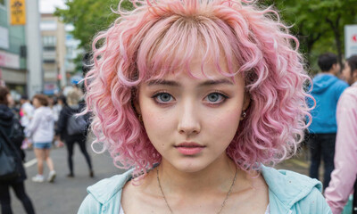 A young woman with pink curly hair walks through a crowded street