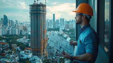 Poster - Smart caucasian engineer or project manager measure check inspect look at house model while standing near panorama window with city skyscraper view Manager design house construction Tr : Generative AI