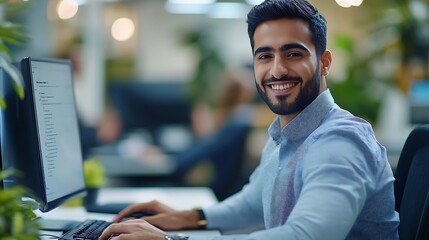 Aufkleber - Smiling young middle eastern businessman sitting at worktable at modern office typing on computer keyboard sending emails to his business partners working on marketing research copy sp : Generative AI