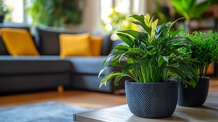 Interior of living room with green houseplants and sofas : Generative AI