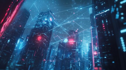 Poster - abstract technology connections forming a dynamic network in a futuristic cityscape