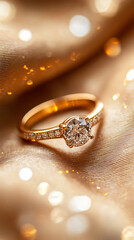 Exquisite engagement ring featuring a dazzling diamond rests on a shimmering satin backdrop