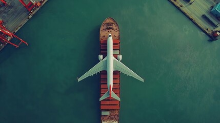 Poster - Aerial view and top view cargo plane flying above ship port in the export and import business and Smart logistics international goods Shipping cargo to harbor by crane : Generative AI