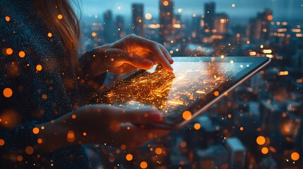Fototapete - Digital marketing data exchange global business Businessman using digital tablet computer double exposure with smart city online marketing data transfer global internet network technol : Generative AI