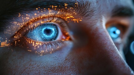 Poster - Scan hologram eyes and face of man of biometric data cybersecurity and futuristic technology Holographic portrait identity software and person with future or digital facial recognition : Generative AI