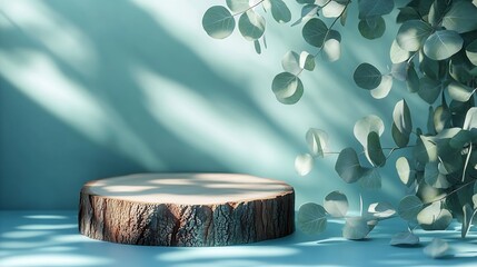 Leinwandbilder - Abstract empty Wood slice podium with eucalyptus leaves and shadows on blue background Mock up stand for product presentation 3D Render Minimal concept Advertising template : Generative AI