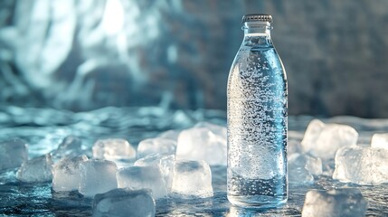Poster - A glass bottle with cold natural drinking water stands on an ice podium against a background of transparent blocks of ice Advertising and branding of drinking fresh water : Generative AI