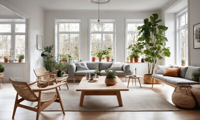 Wall Mural - A living room with large windows, wooden furniture, and plants, featuring a gray sofa and comfortable wicker chairs