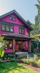 A stylish craftsman home in bold magenta, featuring detailed woodwork and a neatly kept front yard.