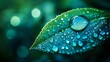© The Little Hut - Large drop water reflects environment Nature spring photography  raindrops on plant leaf Background image in turquoise and green tones with bokeh : Generative AI