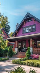 A stylish craftsman home in bold magenta, featuring detailed woodwork and a neatly kept front yard.