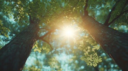 Poster - Spring Sun Shining Through Canopy Of Tall Trees Woods Sunlight In Forest Summer Nature Upper Branches Of Trees Background Nobody Environment concept : Generative AI