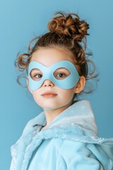 A young girl wearing a blue face mask, perhaps during flu season or at an event