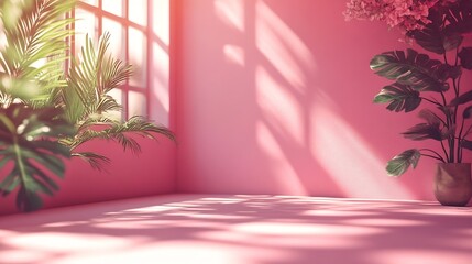 Leinwandbilder - Abstract pink color gradient studio background for product presentation Empty room with shadows of window and flowers and palm leaves  3d room with copy space Summer concert Blurred ba : Generative AI