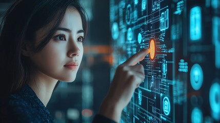 Leinwandbilder - Biometric security system identification businesswoman scanning fingerprint to access authentication personal financial data cyber security concept : Generative AI