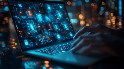 Leinwandbilder - Cyber security network Data protection concept Businessman using laptop computer with biometric identification on internet technology network with cloud computing and data management c : Generative AI