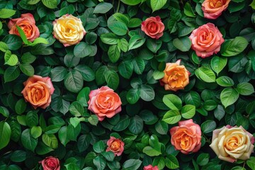 A bouquet of colorful roses with lush green foliage