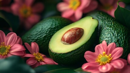 Poster - Vibrant green avocado close up ripe and fresh surrounded by flowers natural : Generative AI