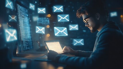 Fototapete - Businessman use email to receive and send business information storage systems and use of communication technology : Generative AI