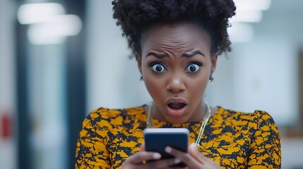 Leinwandbilder - Business woman reading phone and shocked for news social media post or marketing error in office Young african employee confused surprise and stress on mobile for scam mistake or wrong : Generative AI