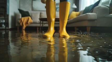 Wall Mural - Flood and inundated concept image with person wearing yellow rubber boots wet by the water that flooded the room and the home