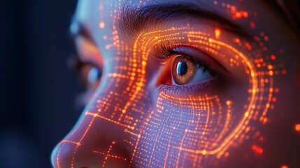 Leinwandbilder - Technological Scanning Biometric Facial Recognition Face Id Technological Scanning face of woman to identify and login for mobile phone user cyber security personal data protection con : Generative AI