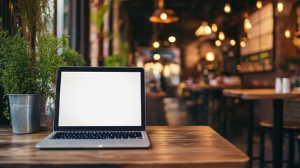 Poster - Laptop on a wooden table in a cafe
