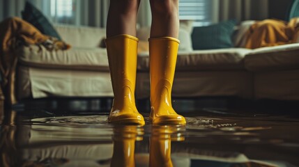 Wall Mural - Flood and inundated concept image with person wearing yellow rubber boots wet by the water that flooded the room and the home