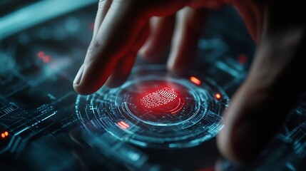 Fototapete - Innovative technology to combat digital cybercrime Businessman uses fingerprint to access personal financial information Digital ID Biometric security : Generative AI