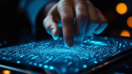 Leinwandbilder - Businessman using tablet and fingerprint scanning unlock and access to business data network Biometric identification and cyber security protect business transaction from online digita : Generative AI