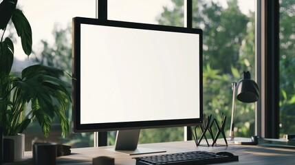 Poster - Computer monitor on a desk with a plant in the foreground