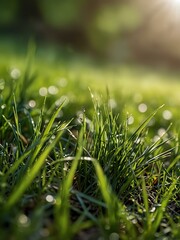 Fresh spring grass with a bright green blurred background.