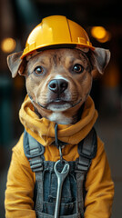 Poster - A cute dog in a yellow hard hat and overalls is ready to work.