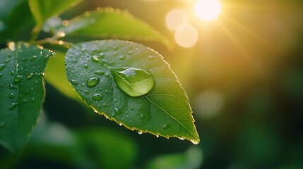 Beauty transparent drop of water on a green leaf macro with sun glare Beautiful artistic image of environment nature in spring or summer : Generative AI