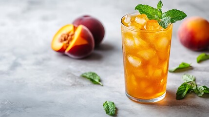 Aufkleber - Refreshing peach iced mint tea The concept of a healthy homemade cold summer drink in a tall glass on a light background with fresh fruit and shadows Front view and copy space : Generative AI