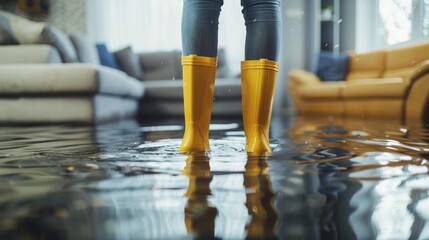 Wall Mural - Flood and inundated concept image with person wearing yellow rubber boots wet by the water that flooded the room and the home