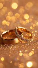 Poster - Two golden wedding rings are laying on a golden glitter background with sparkling bokeh