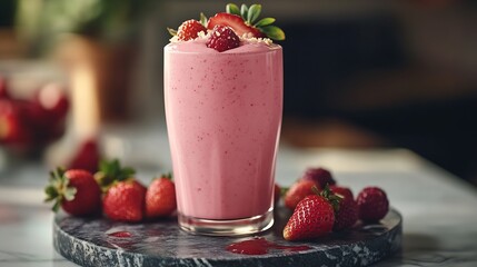 A glass of strawberry milkshake or smoothie with strawberries on a marble board with fresh berries Healthy food and drink concept Copy space : Generative AI