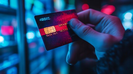 Poster - Cropped hands image in criminal anonymous male approaching credit card of personal information database for codding encryption scam program in privacy system at night at blue neon ligh : Generative AI