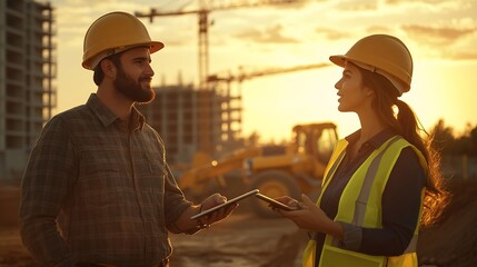 Poster - Cinematic Golden Hour Shot Of Construction Site Caucasian Male Civil Engineer And Hispanic Female Urban Planner Talking Using Tablet Trucks Excavators Loaders Working To Build New Apar : Generative AI