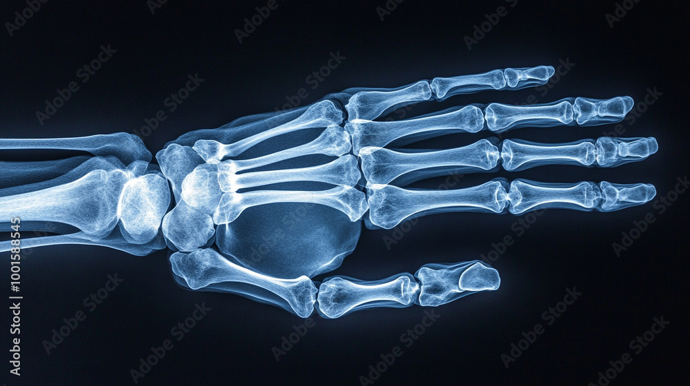 A detailed X-ray image showing the bones of a human hand and wrist ...