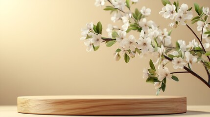 Aufkleber - Geometric empty podium wooden platform stand for product presentation and spring flowering tree branch with white flowers on pastel beige background : Generative AI