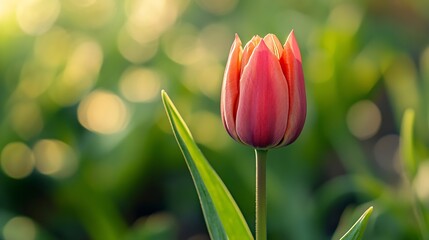 Wall Mural - Closeup of an unopened tulip bud against a background of grass Top view : Generative AI