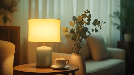 Poster - Vertical shot of soft modular couch floor standing lamp side table green eucalyptus in vase and coffee cup in living room Aesthetic composition of classic interior at cozy house : Generative AI