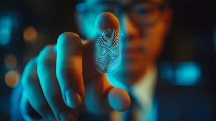 Leinwandbilder - Businessman and fingerprint scanning unlock and access to business data network Cloud Biometric identification and cyber security protect business transaction from online digital cyber : Generative AI